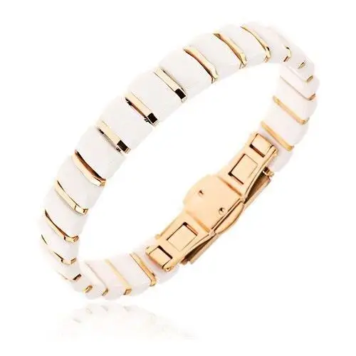 Biała bransoletka z prostokątnych ceramicznych ogniw, paski złotego koloru Biżuteria e-shop