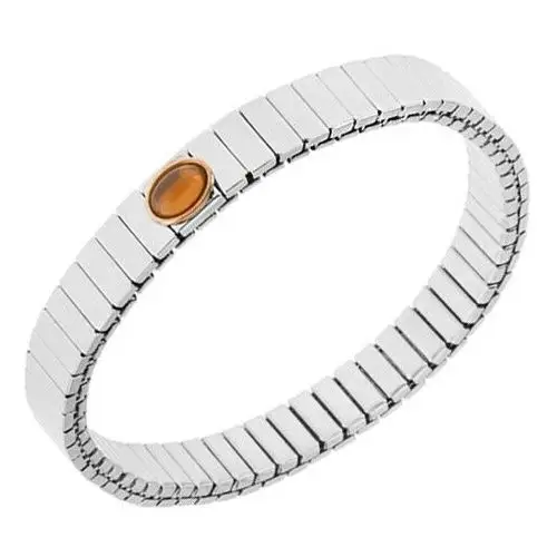 Biżuteria e-shop Błyszcząca stalowa bransoletka w kolorze srebrnym, rozciągalna, owalny pomarańczowy kamyczek