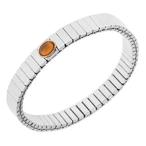 Biżuteria e-shop Błyszcząca stalowa bransoletka w kolorze srebrnym, rozciągalna, owalny pomarańczowy kamyczek
