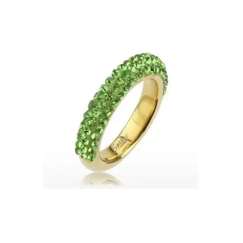 Błyszczący pierścionek złotego koloru ze stali, pasy jasnozielonych kamyczków - rozmiar: 49 Biżuteria e-shop