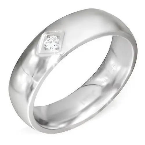 Błyszczący stalowy pierścionek z rombowym wcięciem i bezbarwnym kamyczkiem - Rozmiar: 54, kolor szary