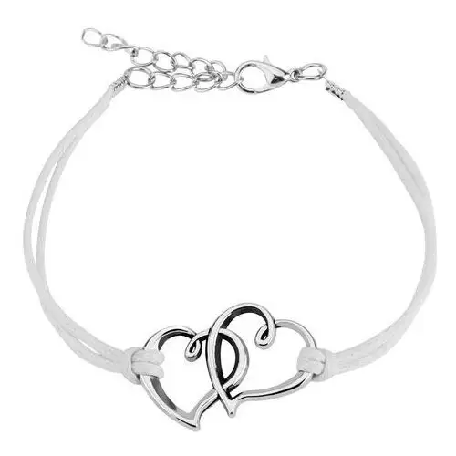 Bransoletka - białe sznurki, dwa zarysy serc w srebrnym kolorze, SP52.06