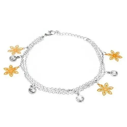 Bransoletka na rękę - trzy łańcuszki, złote kwiaty, okrągłe oprawy z kamyczkami Biżuteria e-shop