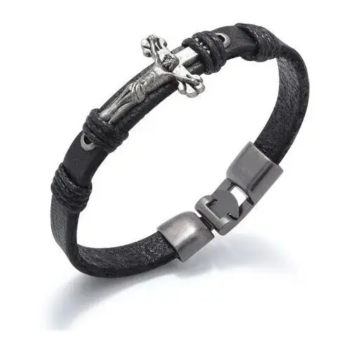 Biżuteria e-shop Bransoletka z czarnej syntetycznej skóry, patynowany krzyż srebrnego koloru, sznurek