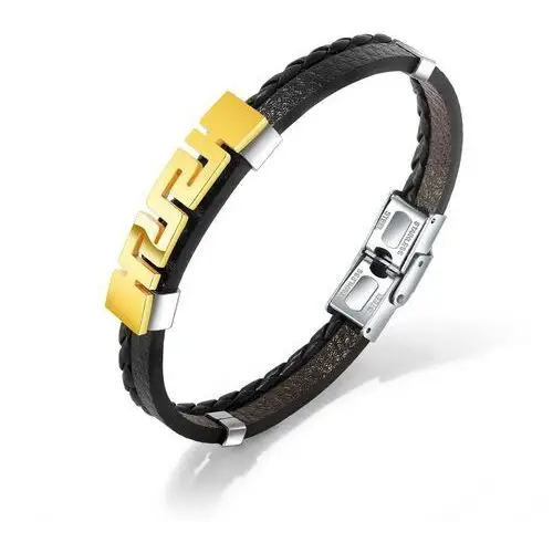 Bransoletka z czarnej syntetycznej skóry, stalowa płytka złotego koloru - grecki klucz Biżuteria e-shop