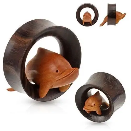 Brązowy drewniany tunel do ucha, delfin skaczący przez obręcz - szerokość: 19 mm Biżuteria e-shop