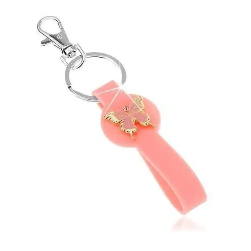 Biżuteria e-shop Breloczek, różowa zawieszka z sylikonu, motylek złotego koloru, różowa emalia