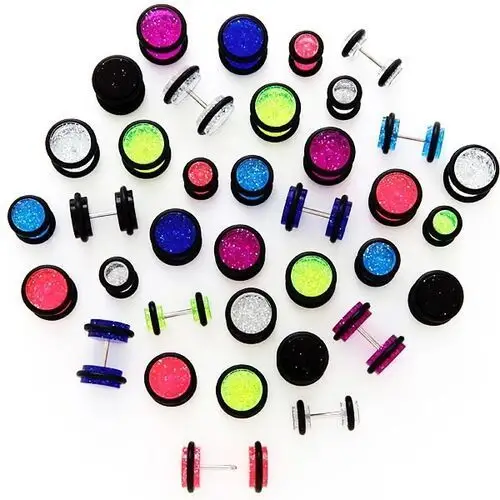 Biżuteria e-shop Brokatowy fake plug z czarnymi gumkami - rozmiar główki: 12 mm, kolor kolczyka: fioletowy