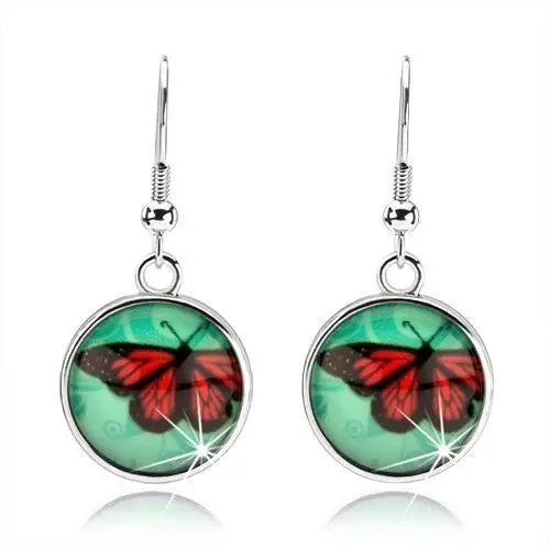 Cabochon kolczyki, koło ze szkłem, czerwono-czarny motyl, turkusowe tło Biżuteria e-shop