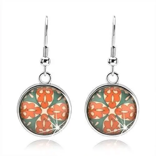 Cabochon kolczyki, krąg z glazurą, kwiat z pomarańczowych i zielonych ozdób Biżuteria e-shop