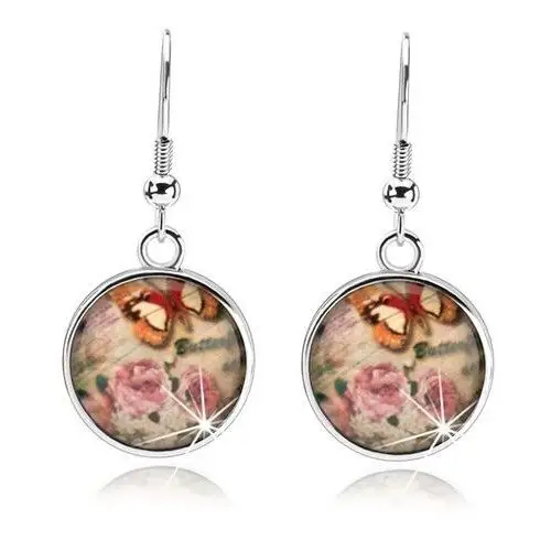 Biżuteria e-shop Cabochon kolczyki, szkło, różowe i białe kwiaty, brązowo-biały motyl, napis