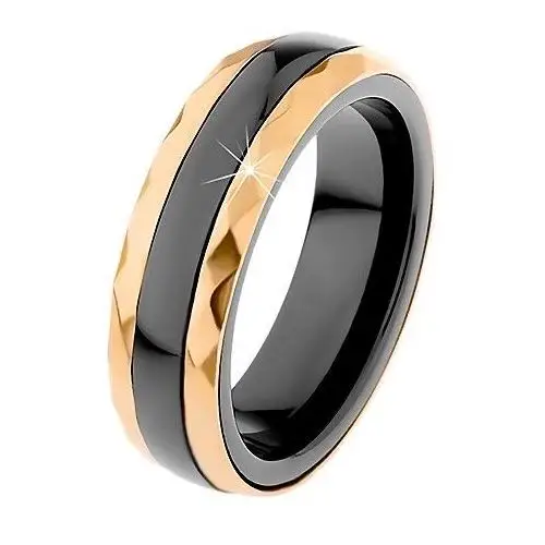 Ceramiczny pierścionek czarnego koloru, oszlifowane stalowe pasy w złotym odcieniu - rozmiar: 52 Biżuteria e-shop