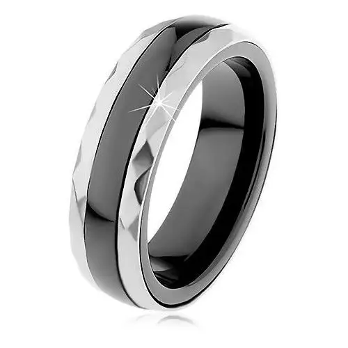 Ceramiczny pierścionek czarnego koloru, wyszlifowane stalowe pasy w srebrnym odcieniu - Rozmiar: 60, kolor czarny