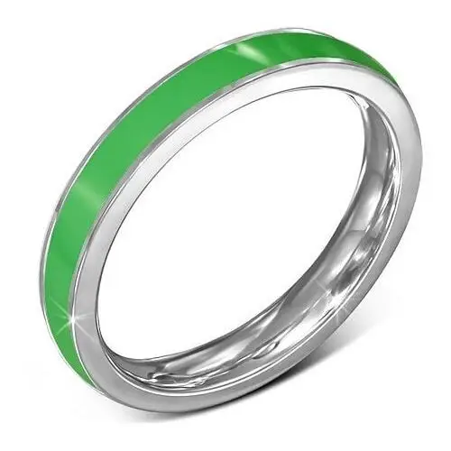Cieńki stalowy pierścionek - obrączka, zielony prążek, srebrne brzegi - Rozmiar: 51