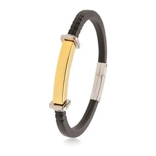 Biżuteria e-shop Czarna bransoletka z gumy, stalowa płytka złotego koloru, kwadraty i kółka po bokach