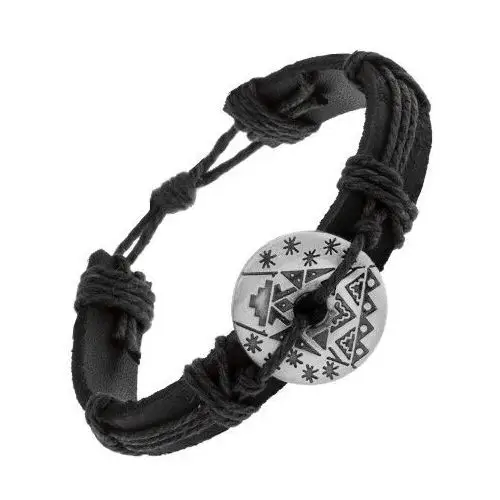 Czarna bransoletka z syntetycznej skóry i sznurków, okrąg z wycięciem i wzorem Biżuteria e-shop