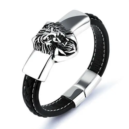 Czarna bransoletka ze skóry syntetycznej, płytka srebrnego koloru z lwem Biżuteria e-shop