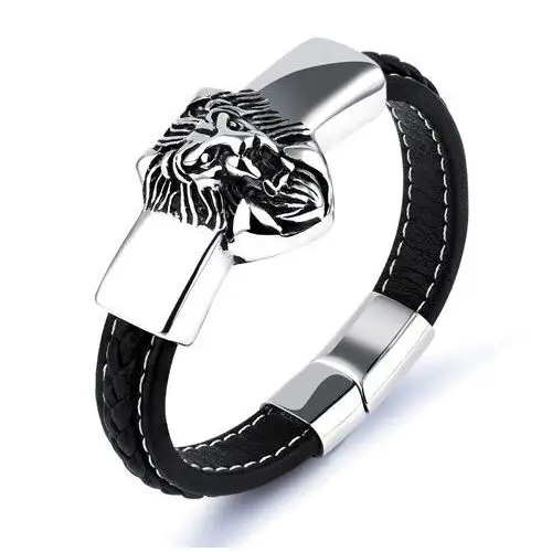 Czarna bransoletka ze skóry syntetycznej, płytka srebrnego koloru z lwem Biżuteria e-shop