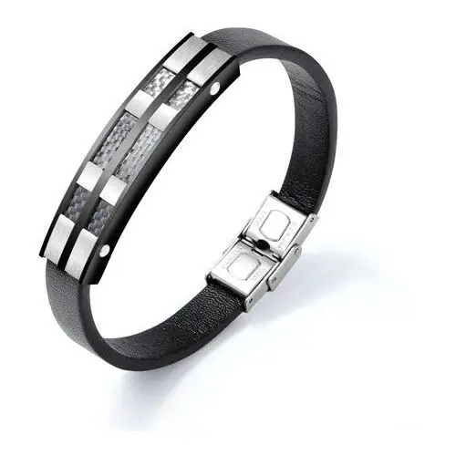 Biżuteria e-shop Czarna bransoletka ze sztucznej skóry, błyszcząca płytka ze stali czarnego i srebrnego koloru