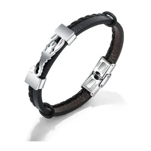 Biżuteria e-shop Czarna bransoletka ze sztucznej skóry, stalowa płytka w kolorze srebrnym - skorpion