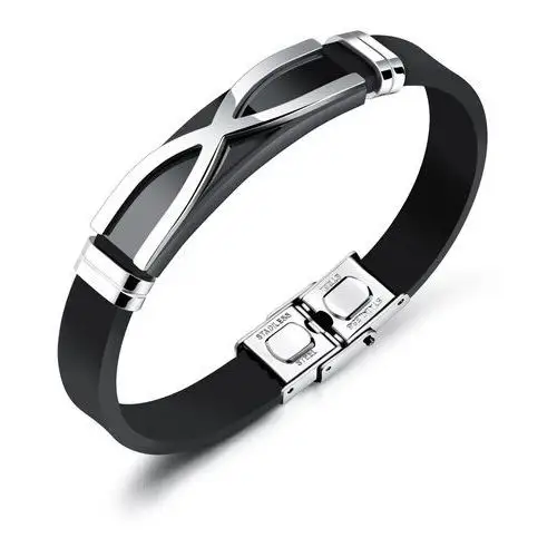 Czarna gumowa bransoletka, błyszcząca płytka ze stali, skrzyżowane linie Biżuteria e-shop