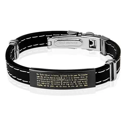 Biżuteria e-shop Czarna gumowa bransoletka z białym przeszyciem - prostokątny znaczek w kolorze czarnym z tekstem modlitwy