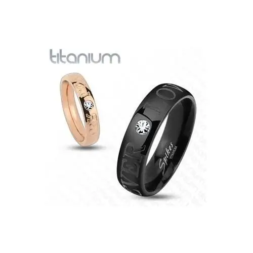 Czarna obrączka z tytanu, błyszcząca przejrzysta cyrkonia, napis forever love, 6 mm - rozmiar: 62 Biżuteria e-shop