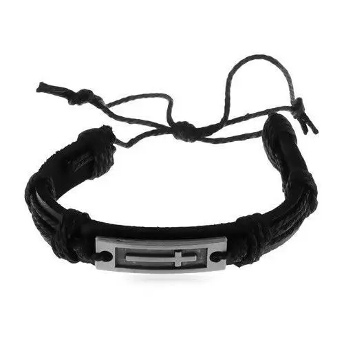 Biżuteria e-shop Czarna skórzana bransoletka ze sznurkami, lśniąca stalowa płytka z krzyżem
