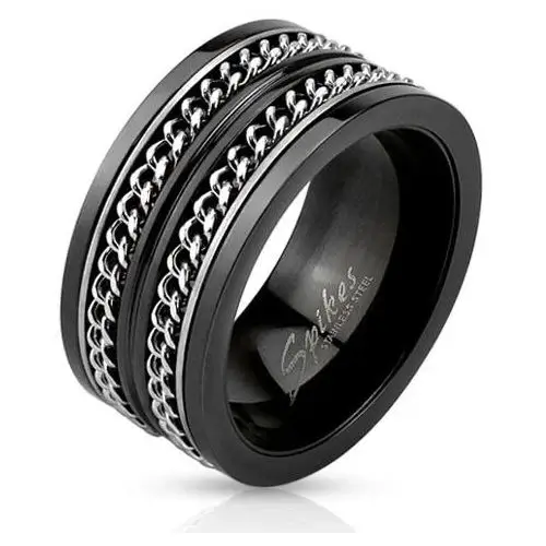 Czarna stalowa obrączka, dwa srebrne łańcuszki - rozmiar: 67 Biżuteria e-shop