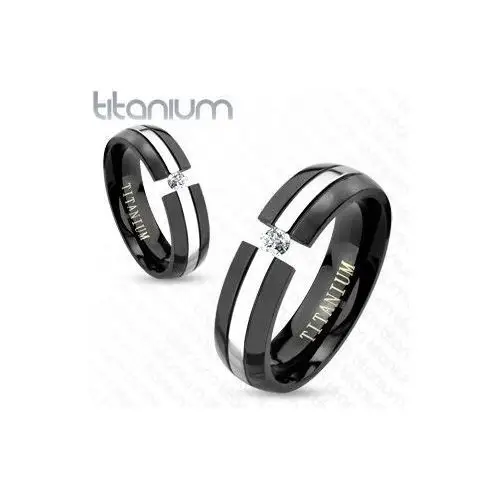Czarna tytanowa obrączka, zaokrąglona powierzchnia, pas srebrnego koloru, cyrkonia, 6 mm - rozmiar: 59 Biżuteria e-shop