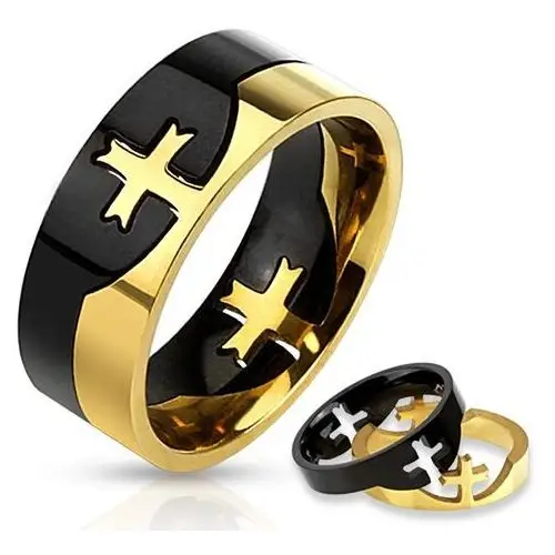 Czarno-złoty dwukolorowy pierścionek ze stali chirurgicznej, krzyż - Rozmiar: 65