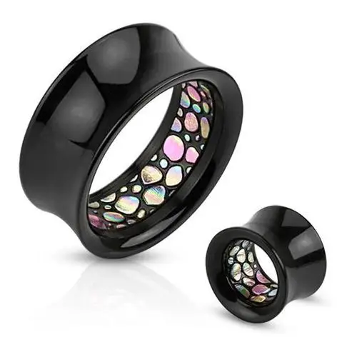 Biżuteria e-shop Czarny akrylowy tunel do ucha, kawałki muszli abalone na wewnętrznej stronie - szerokość: 19 mm