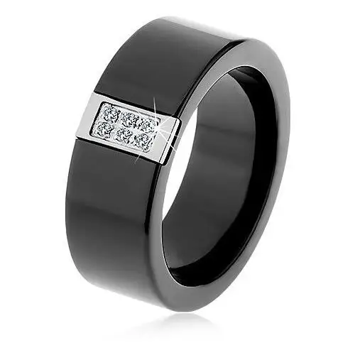 Czarny ceramiczny pierścionek o gładkiej powierzchni, stalowy prostokąt z cyrkoniami - Rozmiar: 60, H1.1