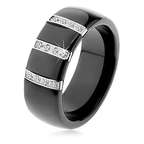 Czarny ceramiczny pierścionek o gładkiej powierzchni, trzy stalowe pasy z cyrkoniami - Rozmiar: 54