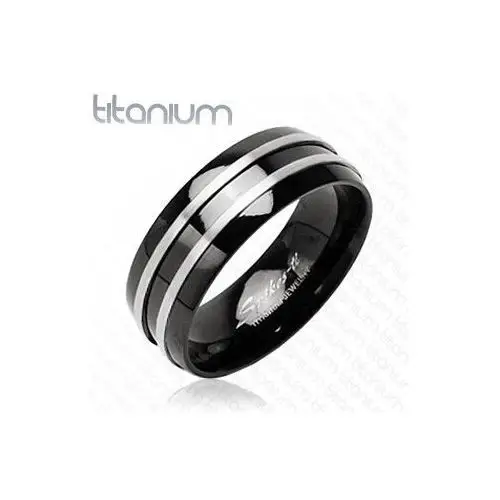 Czarny pierścionek z tytanu - dwa cienkie srebrne pasy - Rozmiar: 59, kolor czarny