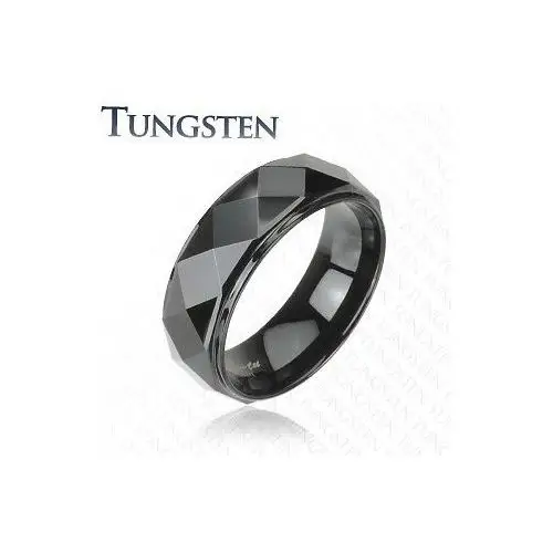 Czarny pierścionek z wolframu, podwyższony pas o lśniącej wyszlifowanej powierzchni, 8 mm - Rozmiar: 54