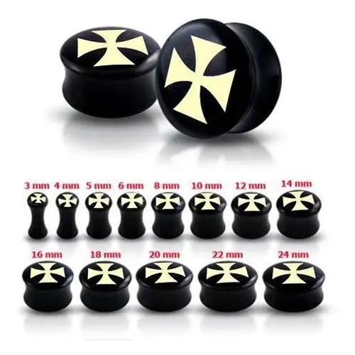 Biżuteria e-shop Czarny plug do ucha z maltańskim krzyżem - szerokość: 8 mm