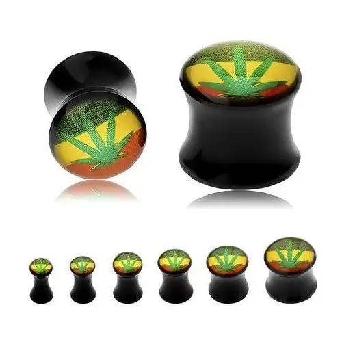 Czarny siodłowy plug do ucha, zielona marihuana, tło w rasta kolorach - szerokość: 10 mm Biżuteria e-shop