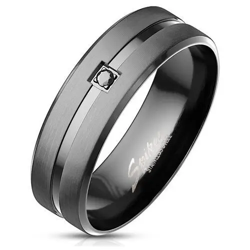 Czarny stalowy pierścionek - czarna cyrkonia w lśniącym nacięciu, matowe paski, gładka powierzchnia - Rozmiar: 67