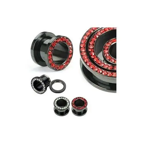 Czarny tunel do ucha z tytanu z cyrkoniami na obręczy - szerokość: 4 mm, kolor cyrkoni: czerwony - r Biżuteria e-shop