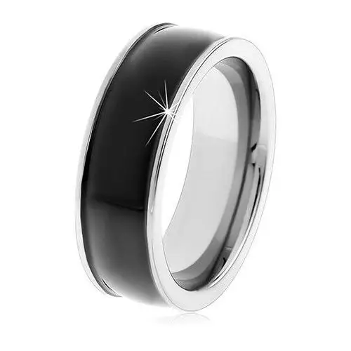 Czarny tungstenowy gładki pierścionek, delikatnie wypukły, błyszcząca powierzchnia, srebrne brzegi - Rozmiar: 64