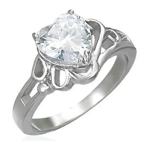 Damski lśniący stalowy pierścionek, duże bezbarwne cyrkoniowe serce - Rozmiar: 51, kolor szary