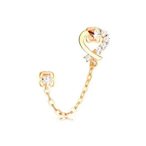 Diamentowy kolczyk z żółtego 14k złota, kontur serca, bezbarwne brylanty i łańcuszek Biżuteria e-shop