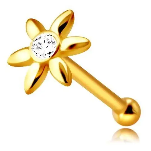 Diamentowy piercing do nosa z żółtego złota 585, prosty - kwiatek z bezbarwnym diamentem Biżuteria e-shop