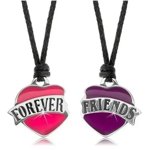 Dwa naszyjniki sznurkowe, różowe i fioletowe serduszko, napis FOREVER FRIENDS, kolor fioletowy