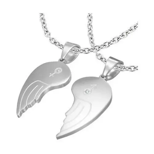 Biżuteria e-shop Dwuczęściowa zawieszka ze stali 316l, anielskie skrzydła, symbole ona i on, przejrzyste cyrkonie