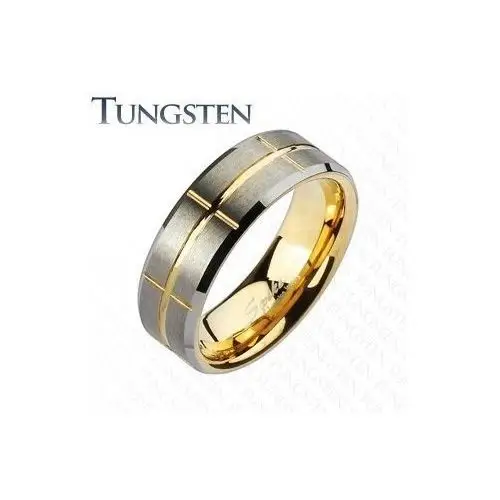 Dwukolorowa obrączka tungsten, złoty i srebrny odcień, nacięcia, 8 mm - rozmiar: 62 Biżuteria e-shop