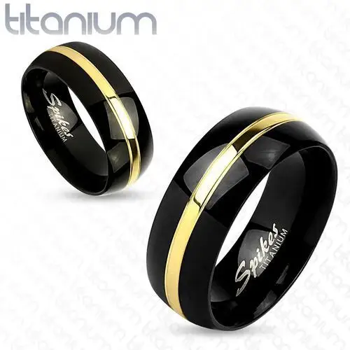 Dwukolorowy pierścionek z tytanu, czarna zaokrąglona powierzchnia, pas złotego koloru, 6 mm - Rozmiar: 52, HH14.11