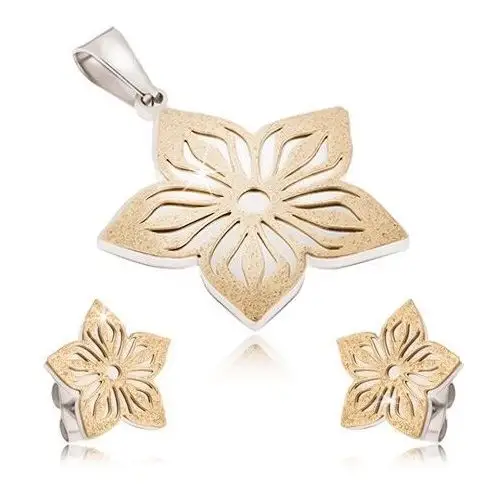 Dwukolorowy stalowy zestaw - kolczyki i zawieszka, wycinany piaskowany kwiat Biżuteria e-shop