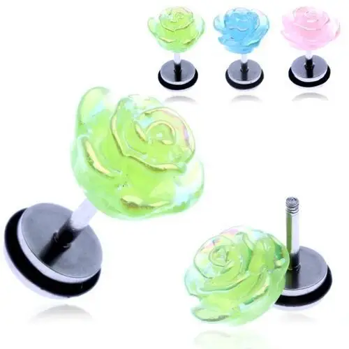 Biżuteria e-shop Fake piercing do ucha ze stali - kolorowa tęczowa róża - kolor kolczyka: zielony
